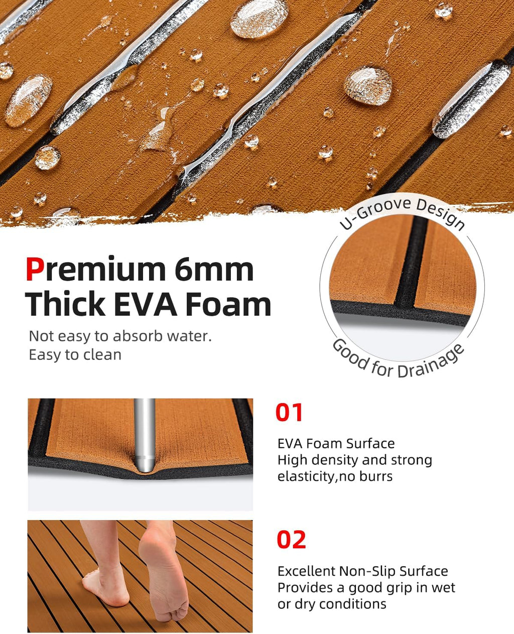 EVA Foam Boat Decking 96''x45.6''/36''/28.8''/24''/16.8'', 48''x16.8'' Self-Adhesive Faux Teak Marine Flooring Sheet T664287