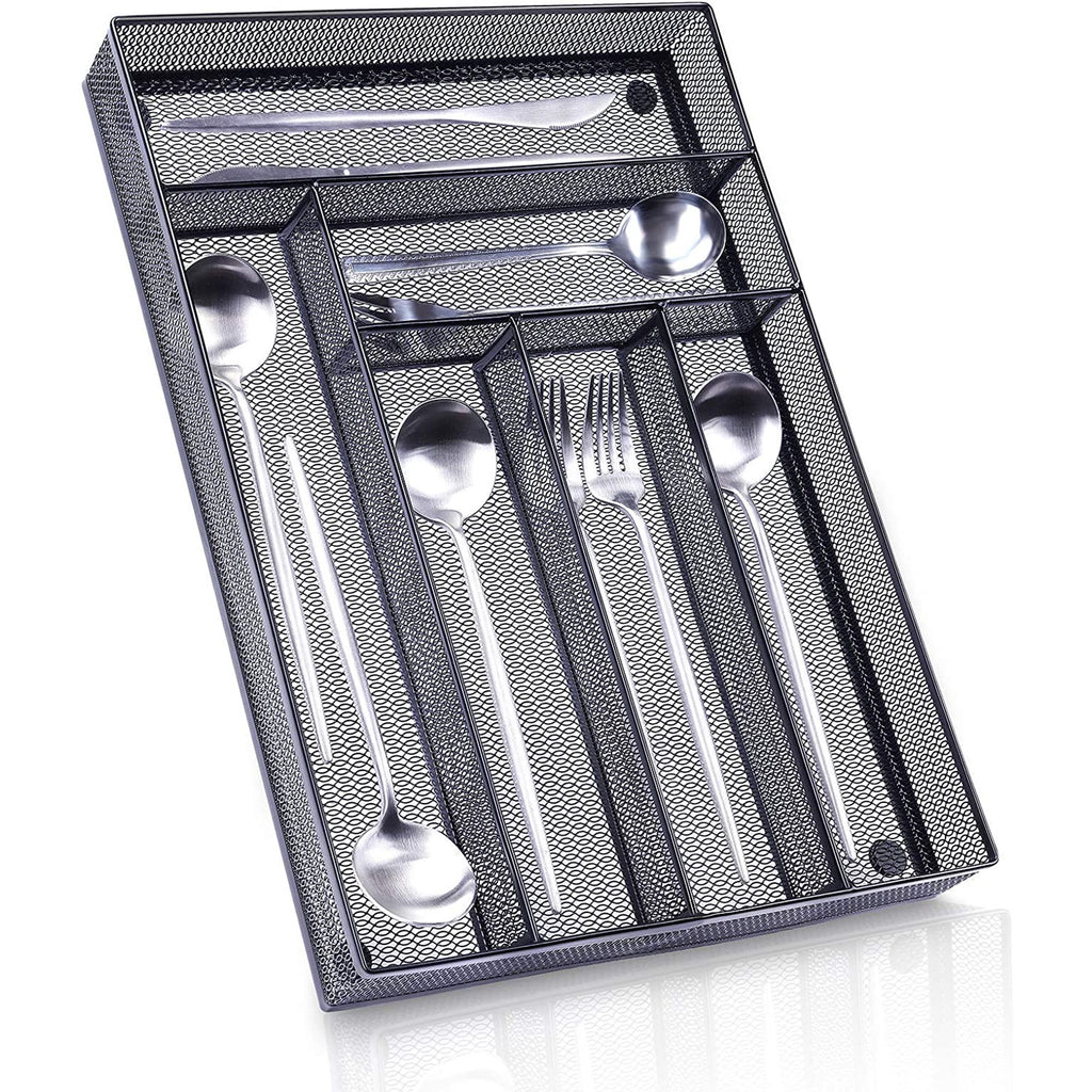 Black Metal Mesh Kitchen Flatware Organizer Tray with Non Slip Mat N8456