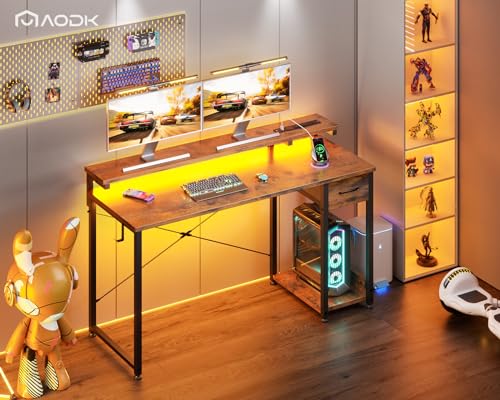 Black 40 Inch Computer Desk with LED Lights, Power Outlet, Drawer, Monitor Stand, Headphone Hook E557