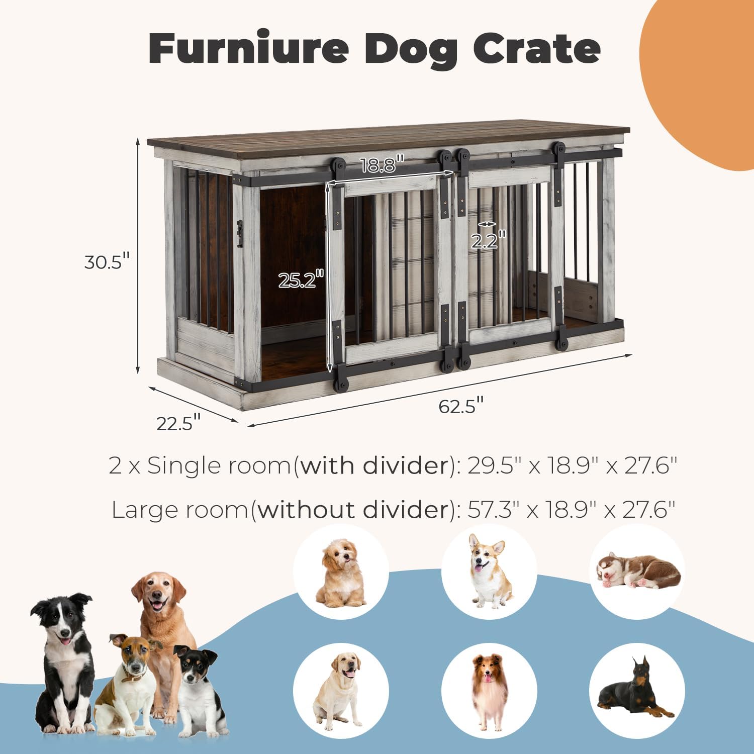 White 62.5'' Solid Wood Dog Crate with Removable Divider Y5774