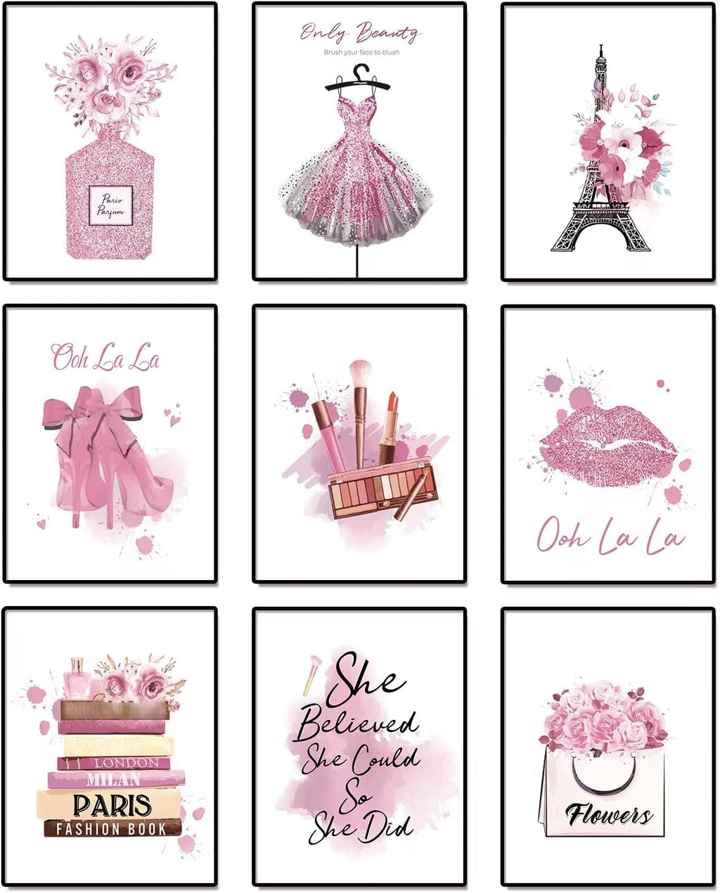 Pink Flower Perfume Fashion Paris Wall Art Prints Set of 9 Unframed L623913