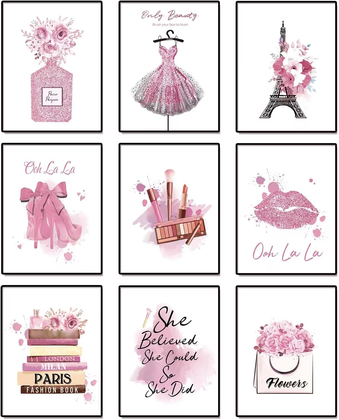 Pink Flower Perfume Fashion Paris Wall Art Prints Set of 9 Unframed L623913