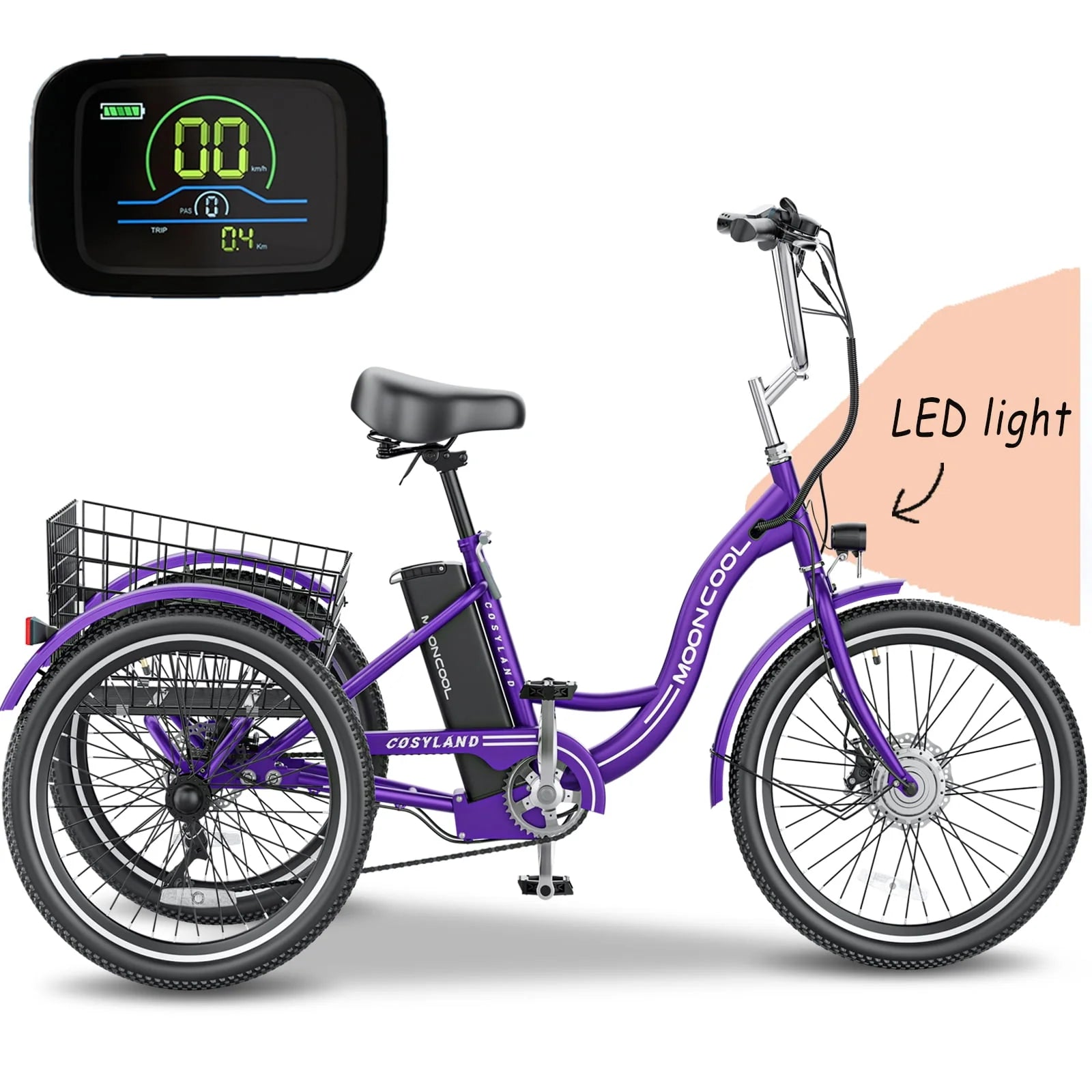 Adult Electric Tricycle, 3 Wheel Electric Bike, 7-Speed, Removable Lithium Battery H532