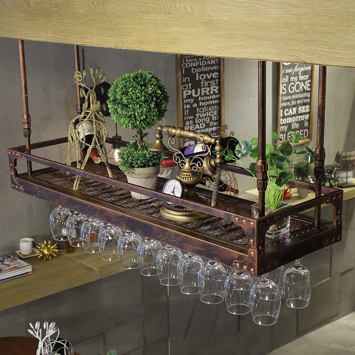 Coppery Bronze Metal Wall-Mounted Wine Glass Rack, 60x35cm T277