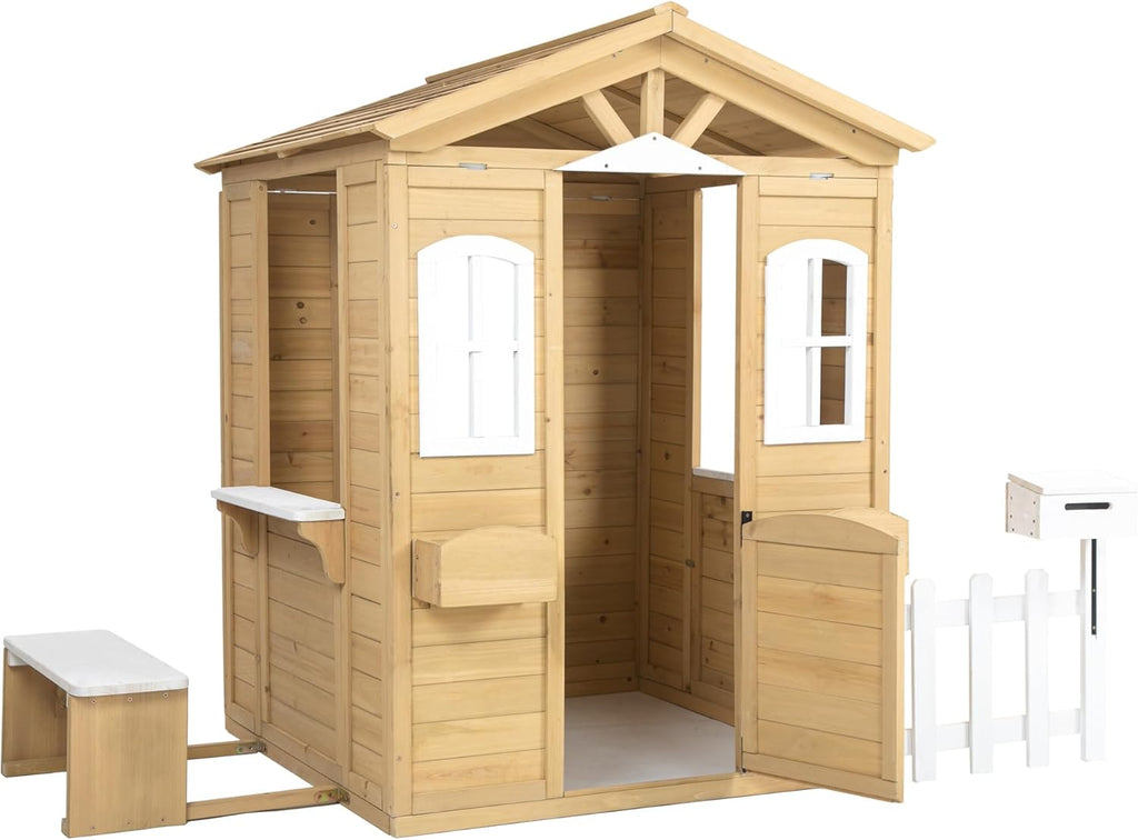 Wooden Playhouse with Door, Windows, Mailbox, Bench, Flowers Pot Holder, 39" x 38" x 55.5" N89446