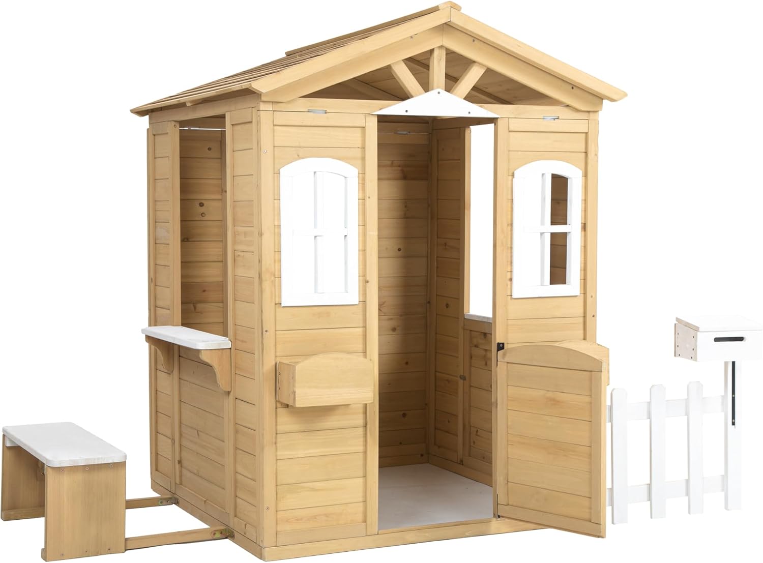 Wooden Playhouse with Door, Windows, Mailbox, Bench, Flowers Pot Holder, 39" x 38" x 55.5" N89446