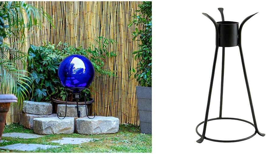 10" Blue Outdoor Glass Gazing Globe with Black Iron Stand Z91953