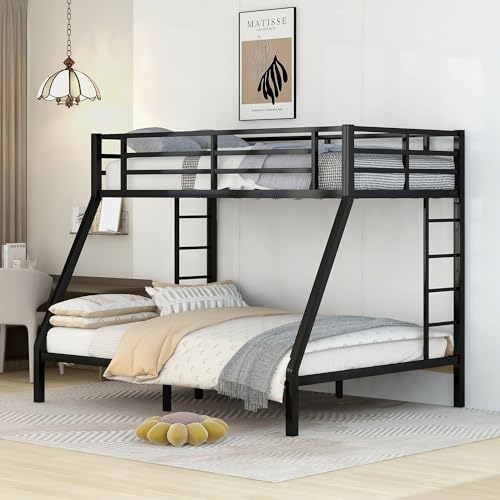 Black Metal Bunk Bed Twin XL over Queen with 2 Ladder & Safety Railing P8777