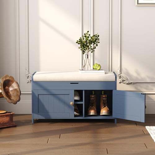 Blue Wood Shoe Storage Bench with Cushioned Seat C113
