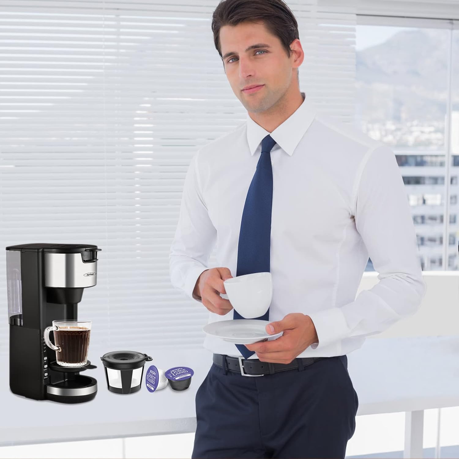 Single Serve Coffee Maker with Adjustable Drip Tray 30oz Removable Reservoir I790242