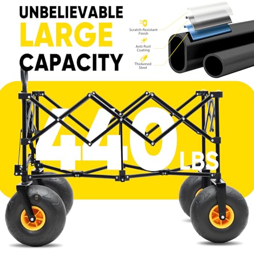 Heavy Duty Beach Wagon with 9" Big Sand-Proof Wheels, 440lb Capacity, Oversized Foldable Cart, Blue&White A6131