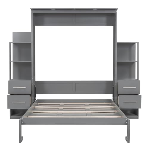 Gray Queen Murphy Bed with Storage Shelves, Drawers and LED Light, Wood Foldable Wall Bed Frame D469068