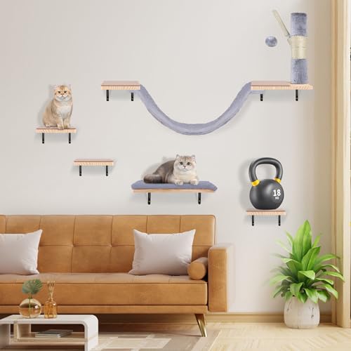 Beige Cat Wall Furniture Set with Hammock and Scratching Post E634