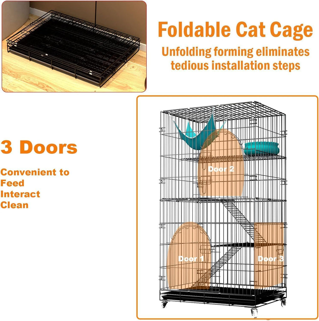 46 inch 3-Tier Folding Metal Wire Cat Cage with Wheels Shelves Ladders Tray R194449