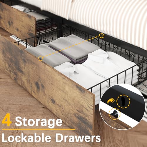 Rustic Grey Queen Bed Frame with Headboard, 4 Storage Drawers, Charging Station, LED N759