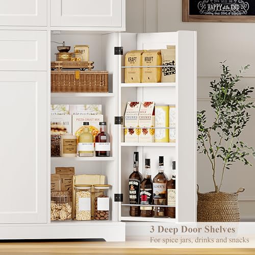 White Tall Kitchen Pantry Storage Cabinet with Doors and Shelves and Drawer H490315