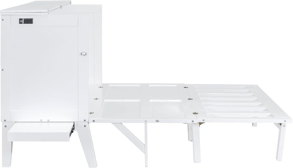 White Queen Wooden Murphy Bed with Desk Board and Removable Shelves O868387