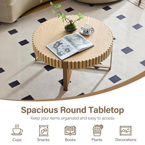 31.5'' Round Solid Wood Coffee Table with Stainless Steel Gold Legs T390