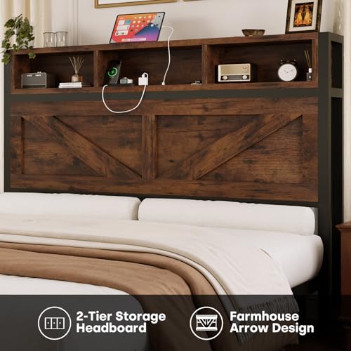 Brown Full Bed Frame with Bookcase Storage Headboard and 2 Storage Drawers Q581