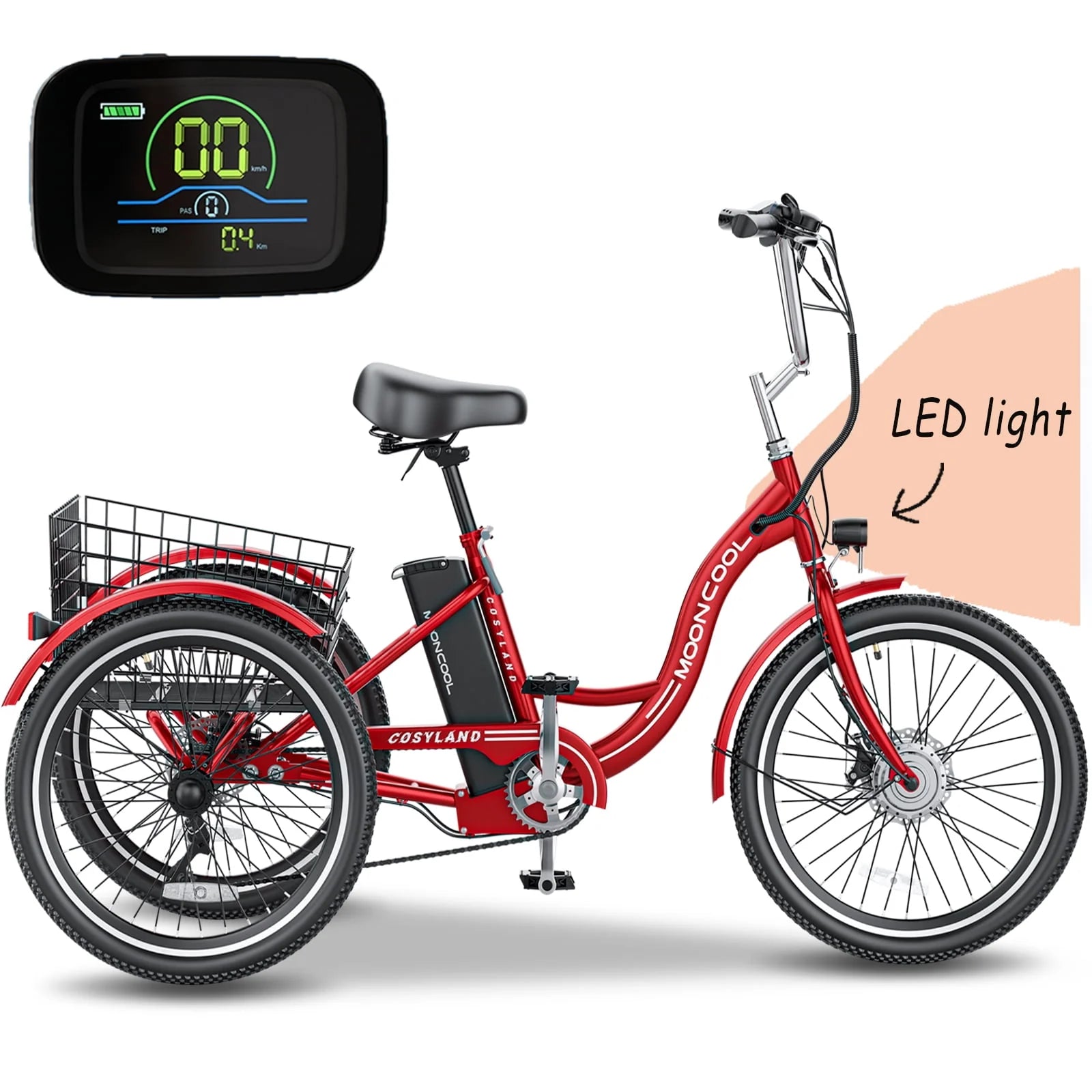 Adult Electric Tricycle, 3 Wheel Electric Bike, 7-Speed, Removable Lithium Battery H532