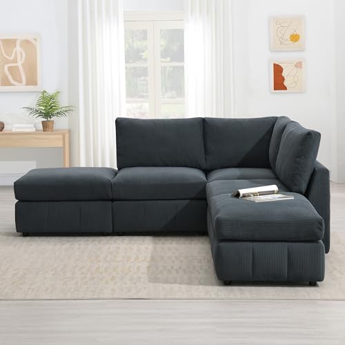 Dark Grey Corduroy 5-Seat L Sectional Sofa with 2 Ottomans O11454
