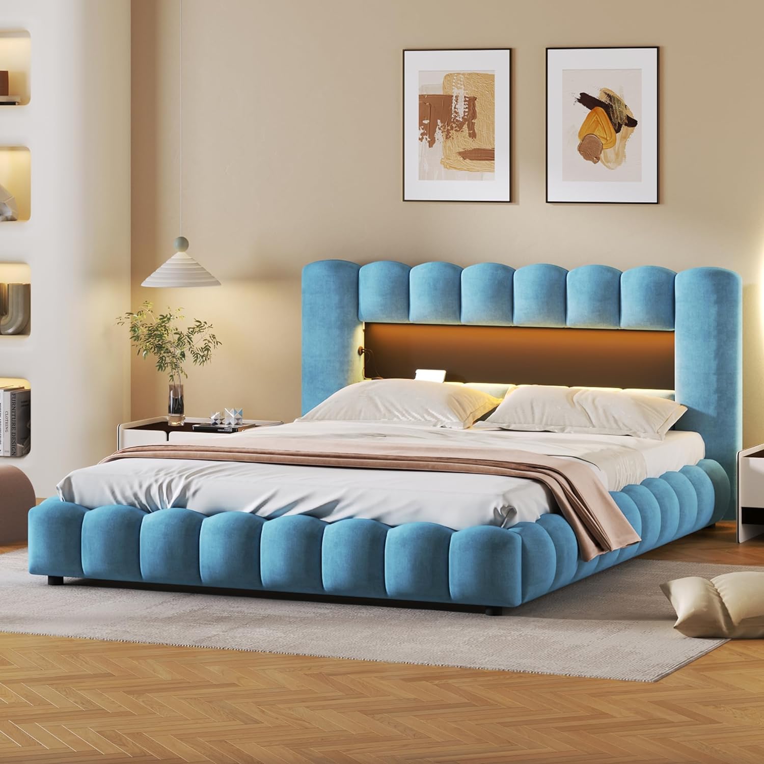 Queen Size Upholstered Storage Bed Frame with LED Headboard S8954