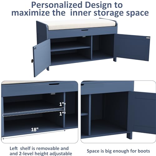 Blue Wood Shoe Storage Bench with Cushioned Seat C113