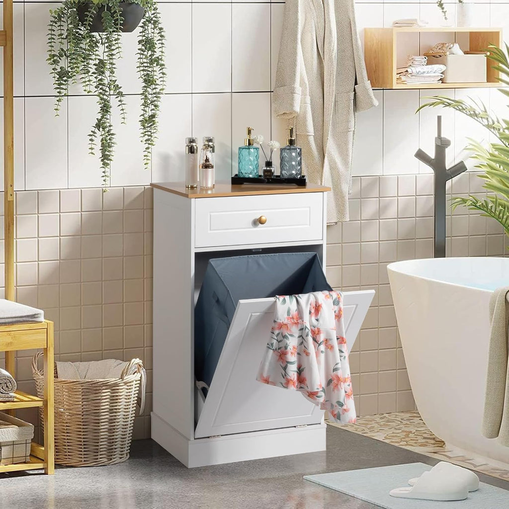 White Tilt Out Laundry Hamper Cabinet with Drawer K152510