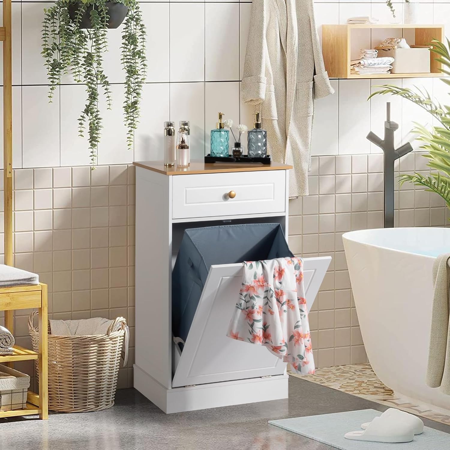 White Tilt Out Laundry Hamper Cabinet with Drawer K152510