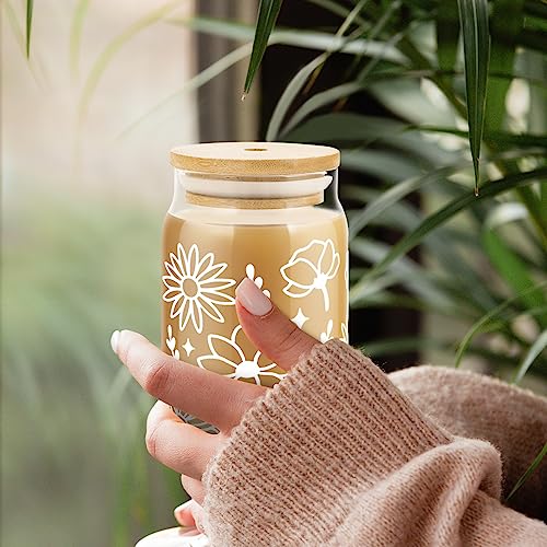 4 Pack 16oz Glass Cups with Bamboo Lids Straws D5323