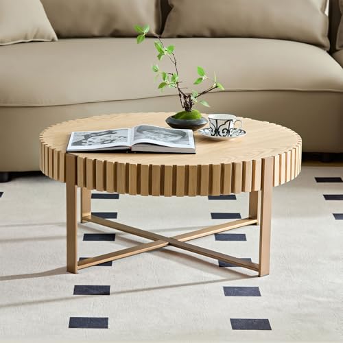 31.5'' Round Solid Wood Coffee Table with Stainless Steel Gold Legs T390