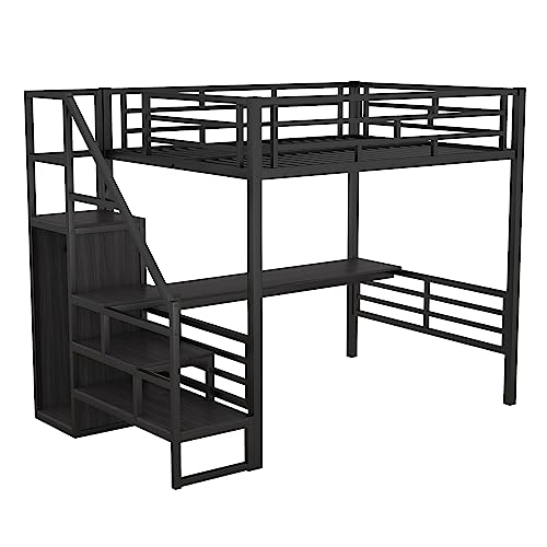 Full Size Metal Loft Bed with Desk and Storage Stairs Y425
