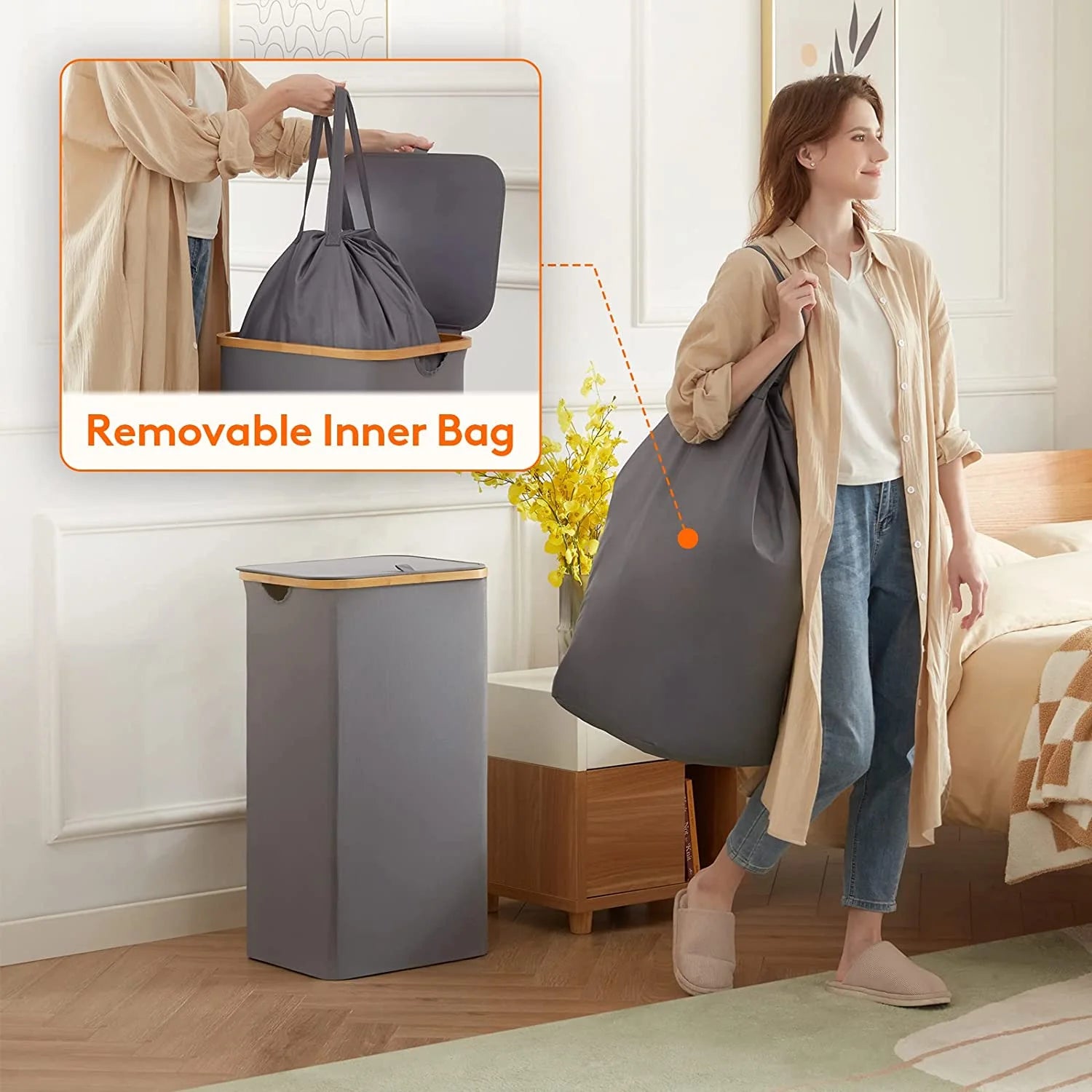 100L Laundry Basket with Lid Removable Bag Grey G37985