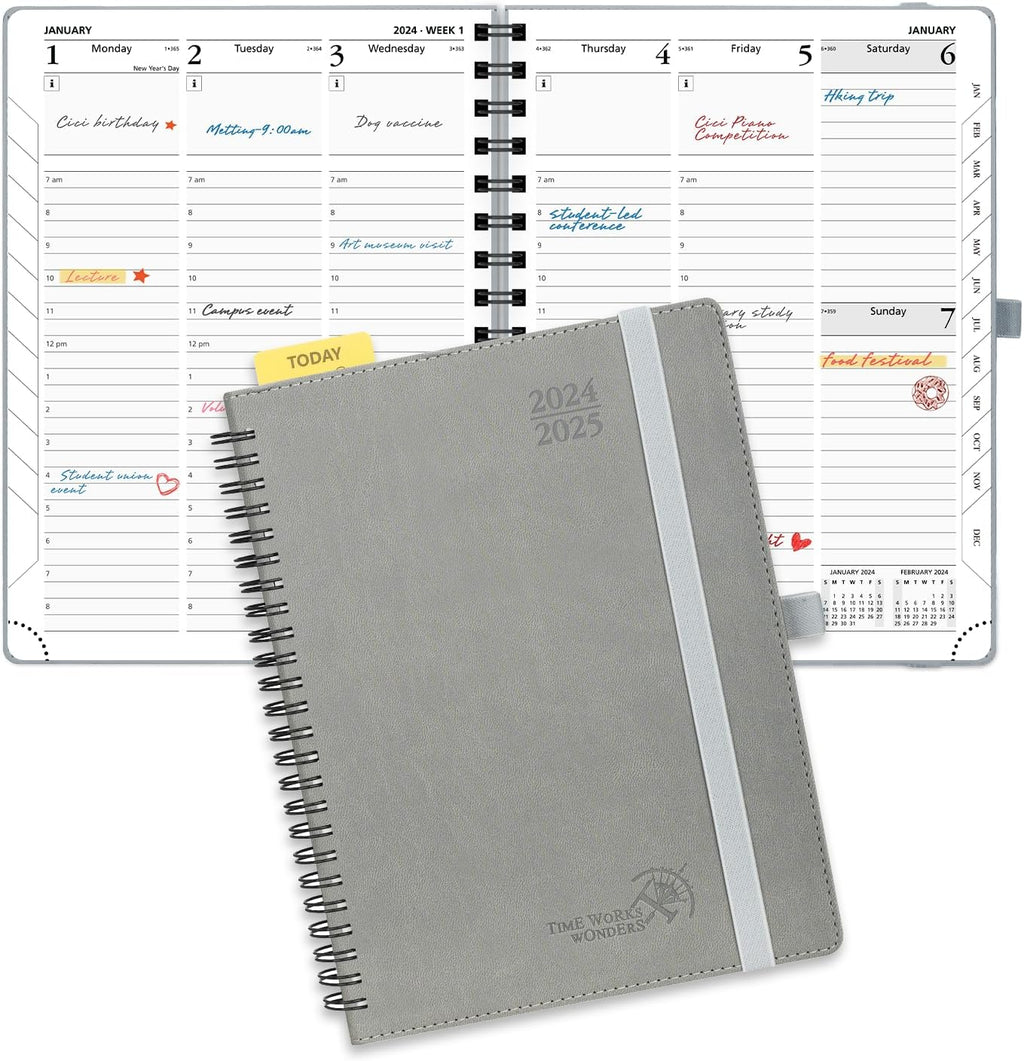 Planner 6.5'' x 8.5'' Academic Year Calendar July 2024 - June 2025 with Hourly Time Slots, Leather Cover - Grey Y223