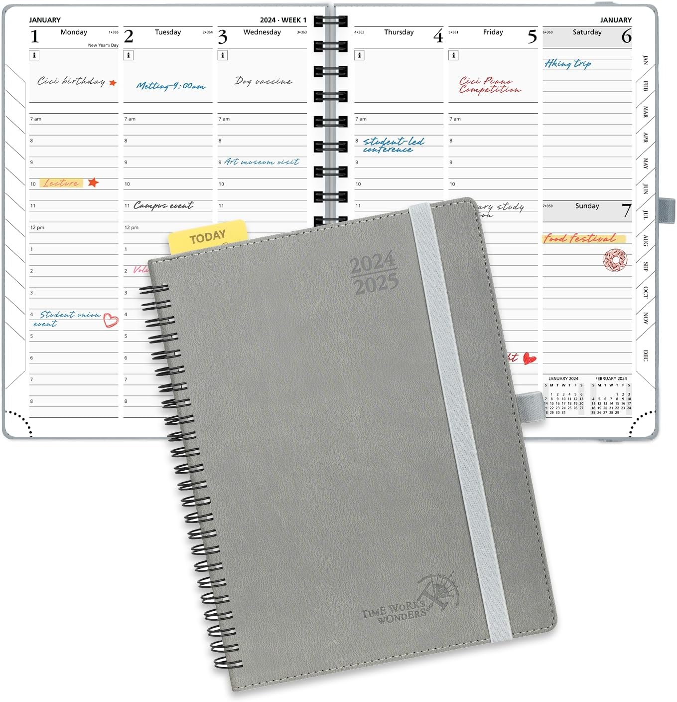 Planner 6.5'' x 8.5'' Academic Year Calendar July 2024 - June 2025 with Hourly Time Slots, Leather Cover - Grey Y223