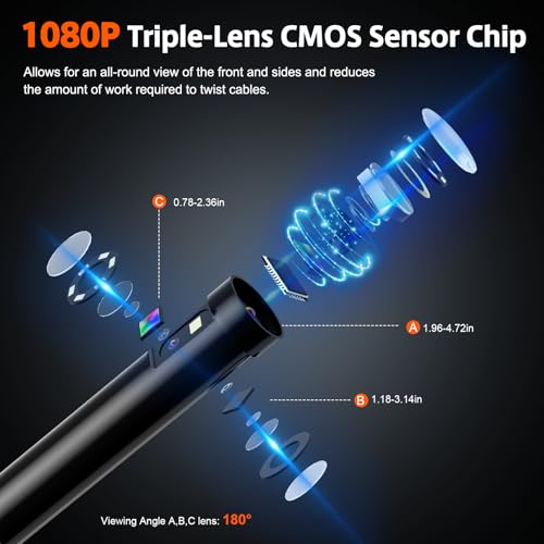 Triple Lens Sewer Camera with 50ft, 5" IPS Screen Borescope with Light, 1080P HD Endoscope IP67 Drain Pipe Snake Drain Camera, 32G Card Semi-Rigid Cable for Plumbing Inspection + Case X68463