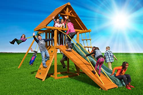 Solid Cedar Wood Swing Set with Clubhouse, Rock Wall, Wave Slide, Monkey Bars, Picnic Table, Swings H61285