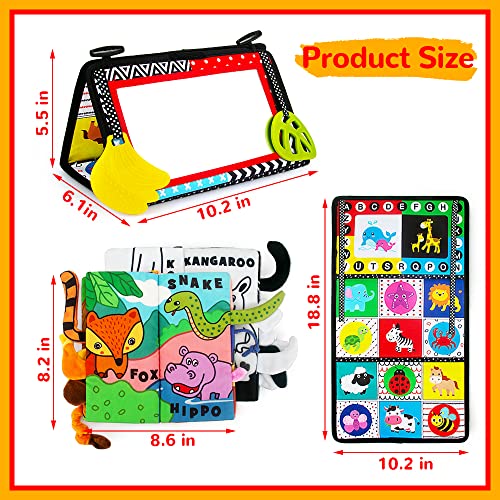 Tummy Time Mirror with Soft Crinkle 3D Cloth Book and Teethers Toys, Black and White Sensory Toys P17668