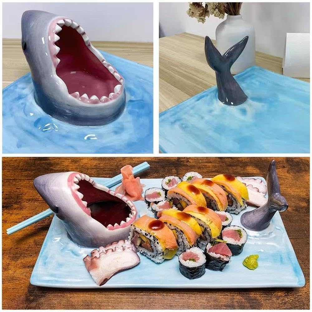 Shark Plate With Sauce Compartment, Handmade Ceramic Sushi Platter S6704