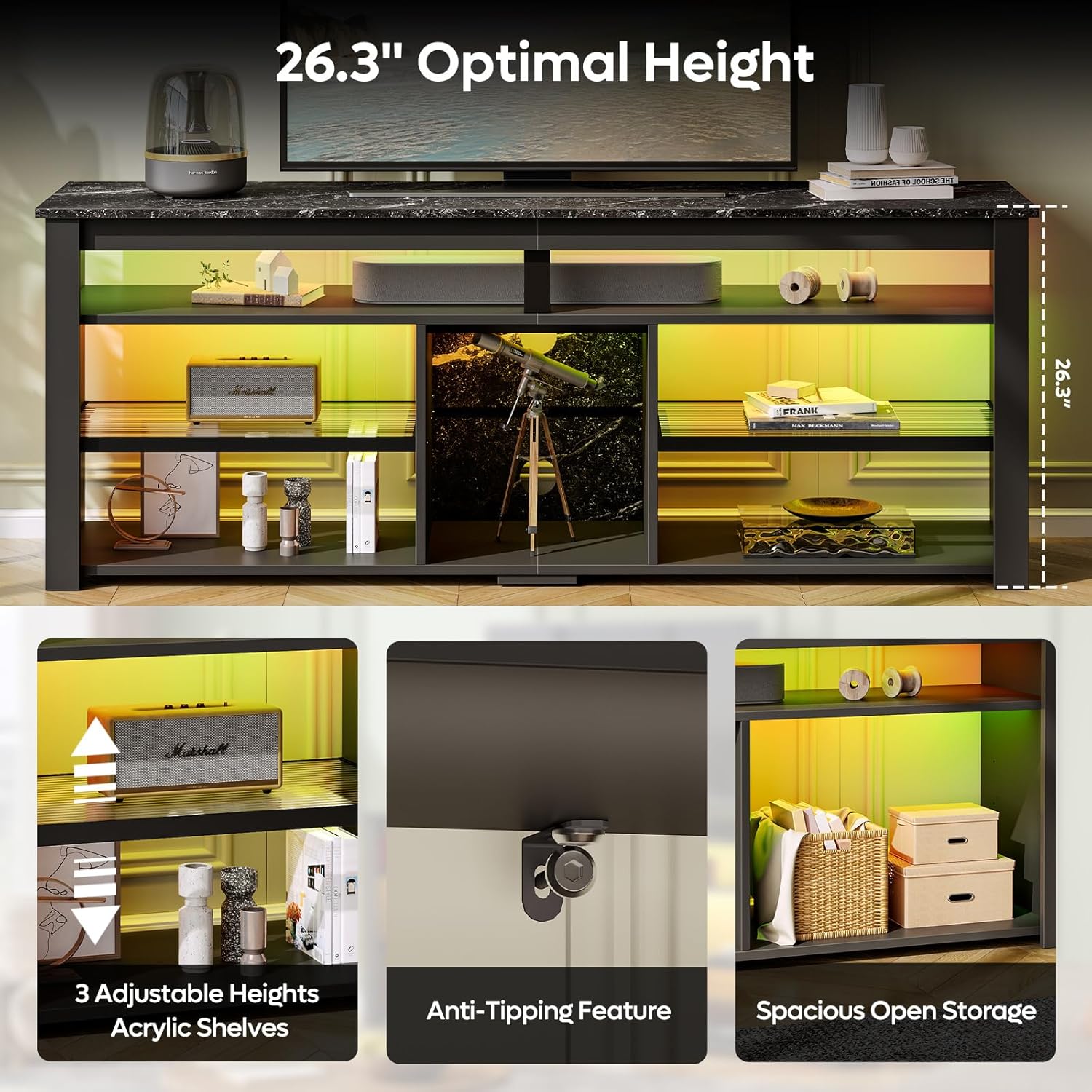Black Marble TV Stand with 2 Led Lights L99813