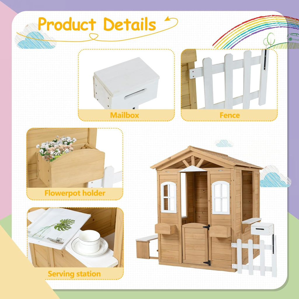Wooden Playhouse with Door, Windows, Mailbox, Bench, Flowers Pot Holder, 39" x 38" x 55.5" N89446