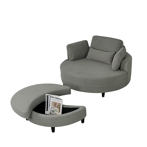 Oversized Corduroy Accent Barrel Chair with Adjustable Headrest, 4 Pillows, Storage Ottoman & Removable Tray U109