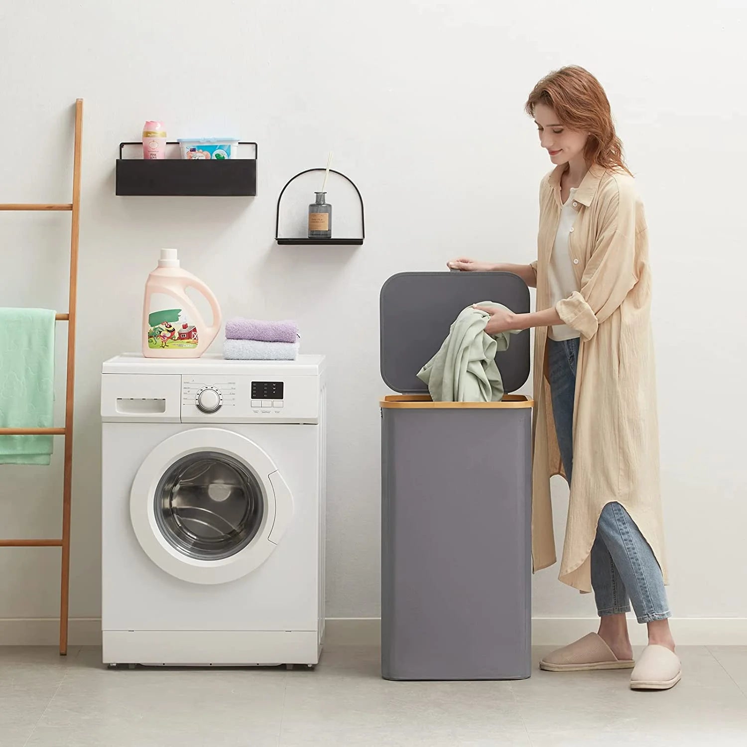 100L Laundry Basket with Lid Removable Bag Grey G37985