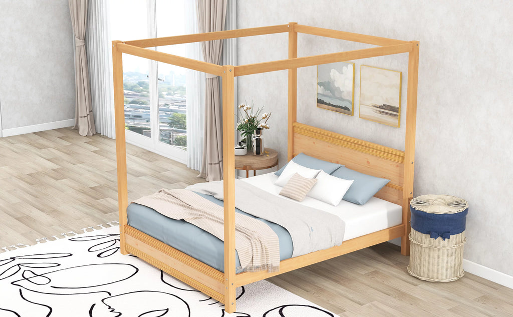 Wood Queen Size Canopy Platform Bed with Headboard O523336