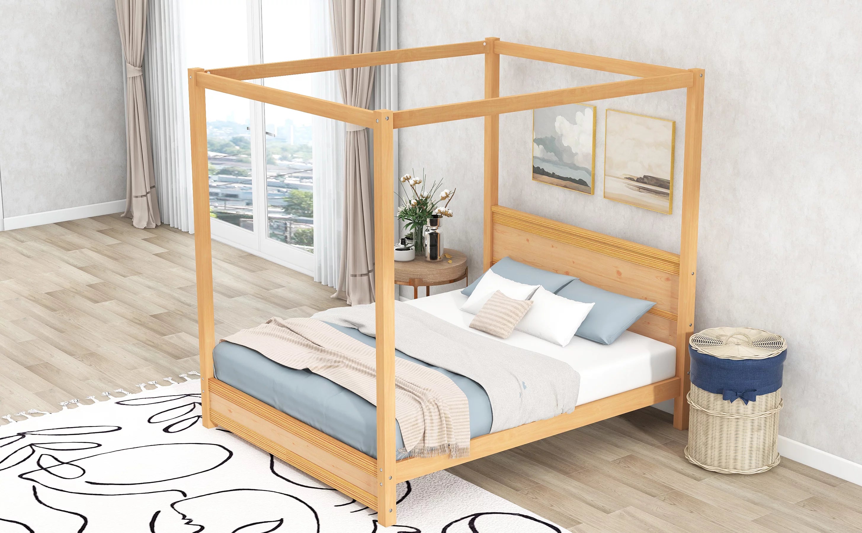 Wood Queen Size Canopy Platform Bed with Headboard O523336