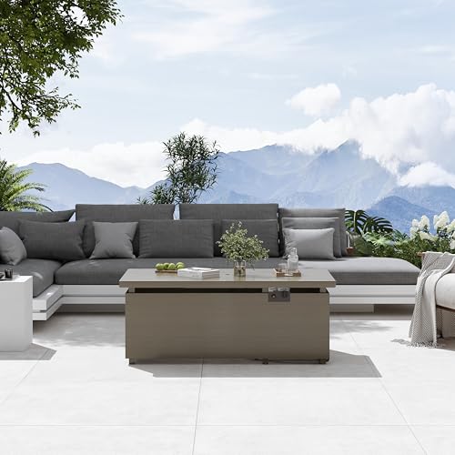 Gray Rectangle Propane Fire Pit Table with Glass Wind Guard, Rain Cover, Removable Lid B4938