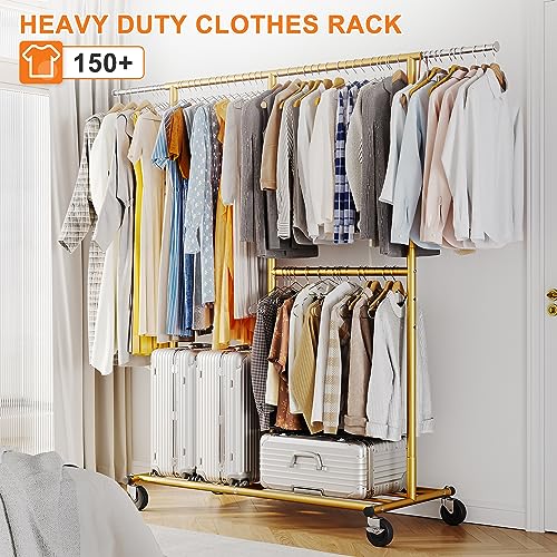 Gold Rolling Heavy Duty Clothes Rack with Wheels 17.7" D x 69.1" W x 71.9" H N184764
