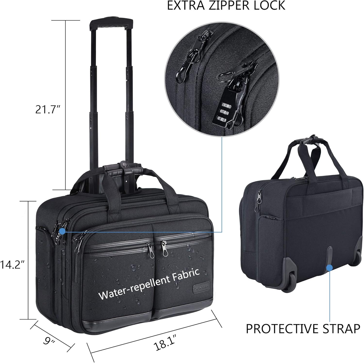 Black Rolling Laptop Bag with RFID Pockets F614048