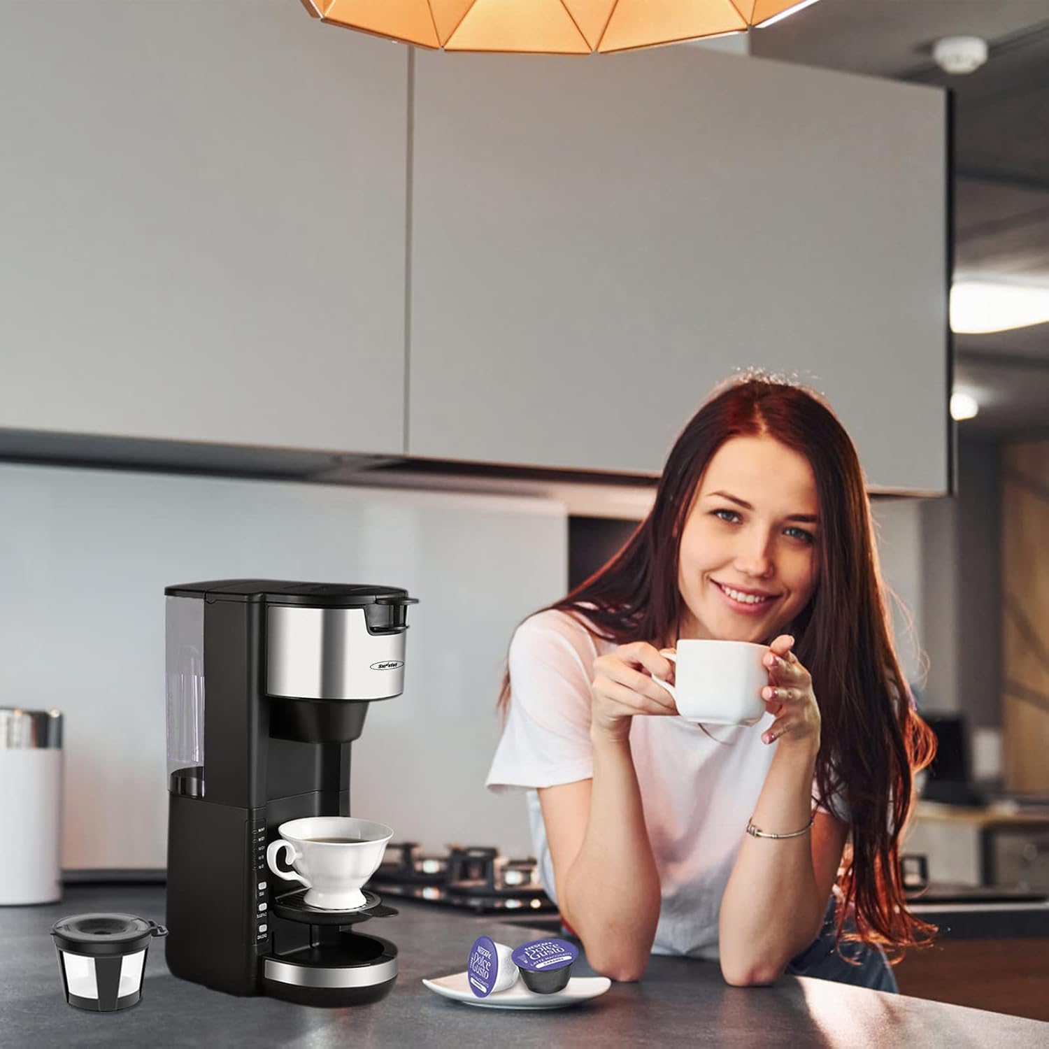 Single Serve Coffee Maker with Adjustable Drip Tray 30oz Removable Reservoir I790242
