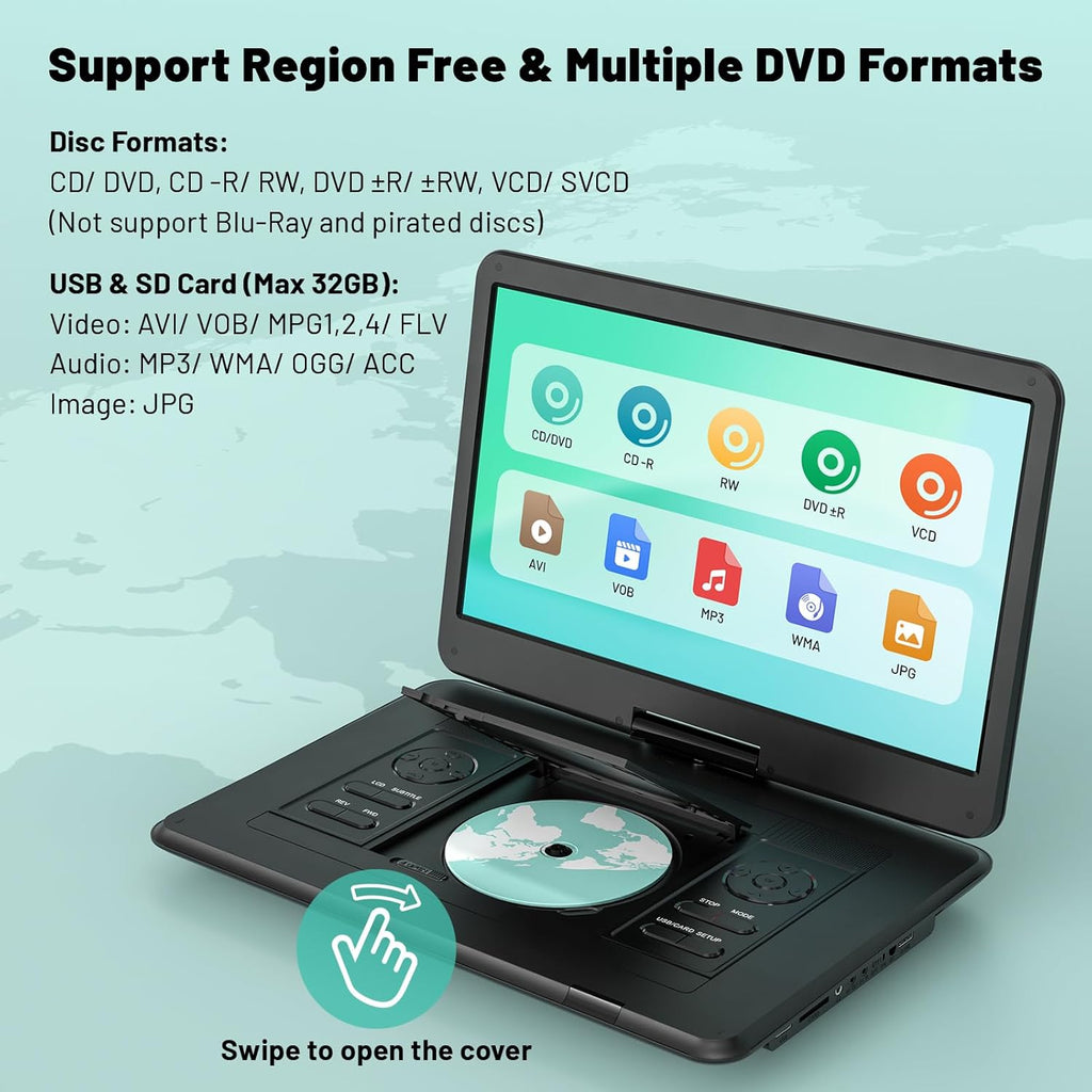 17.5” Portable DVD Player with 15.6” HD Screen, 6 Hours Rechargeable Battery, Dual Speakers, Remote Control, Black H3342